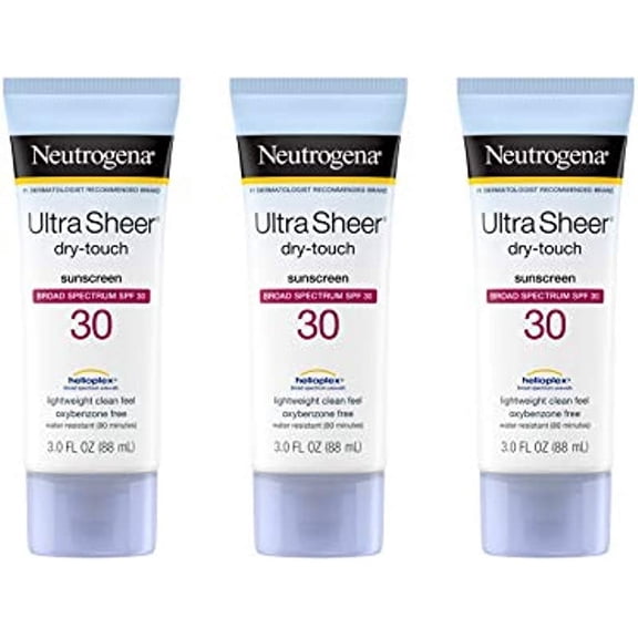 Neutrogena Ultra Sheer Dry-Touch Sunscreen Lotion, Broad Spectrum SPF 30 UVA/UVB Protection, Oxybenzone-Free, Water Resistant, Non-Comedogenic, Non-Greasy, Travel Size, 3 Fl Oz, Pack of 3