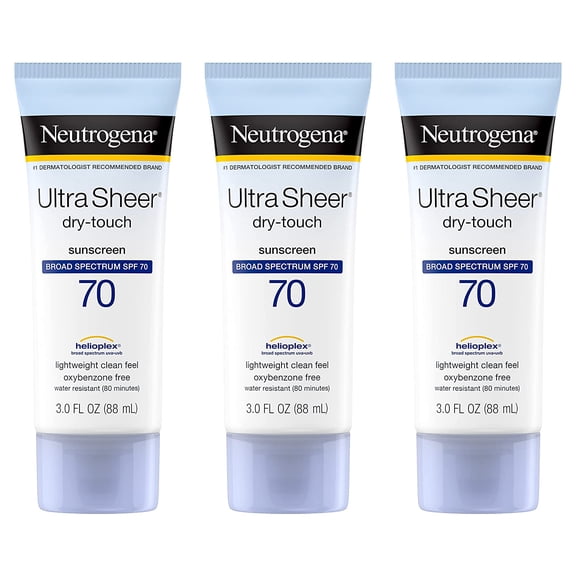 Neutrogena Ultra Sheer Dry-Touch Sunscreen Lotion, Broad Spectrum SPF 70 UVA/UVB Protection, Lightweight Water Resistant, Non-Comedogenic & Non-Greasy, Travel Size, 3 fl. oz