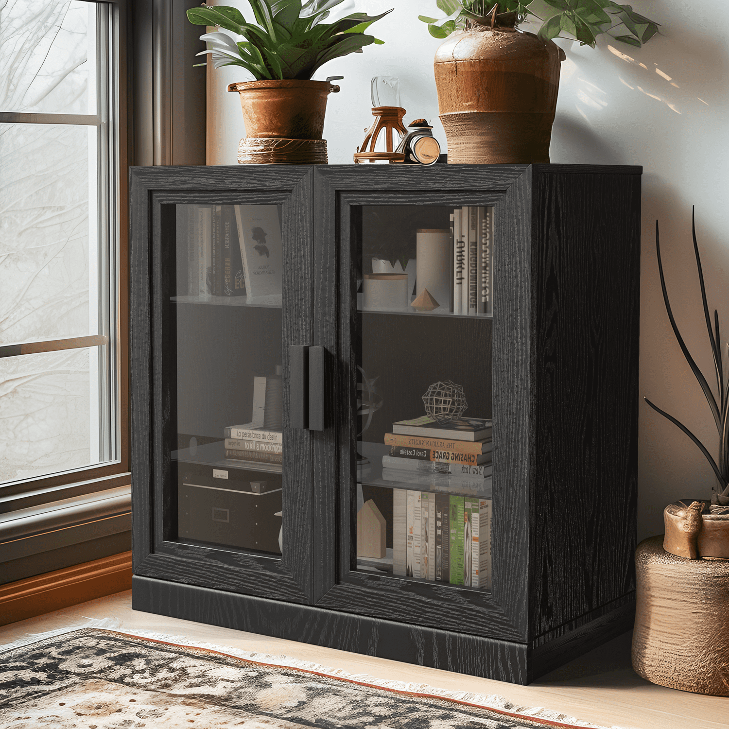 31 x31 x16 Modern Rectangle Wood Storage Cabinets with Glass Door for Livingroom Black Walmart
