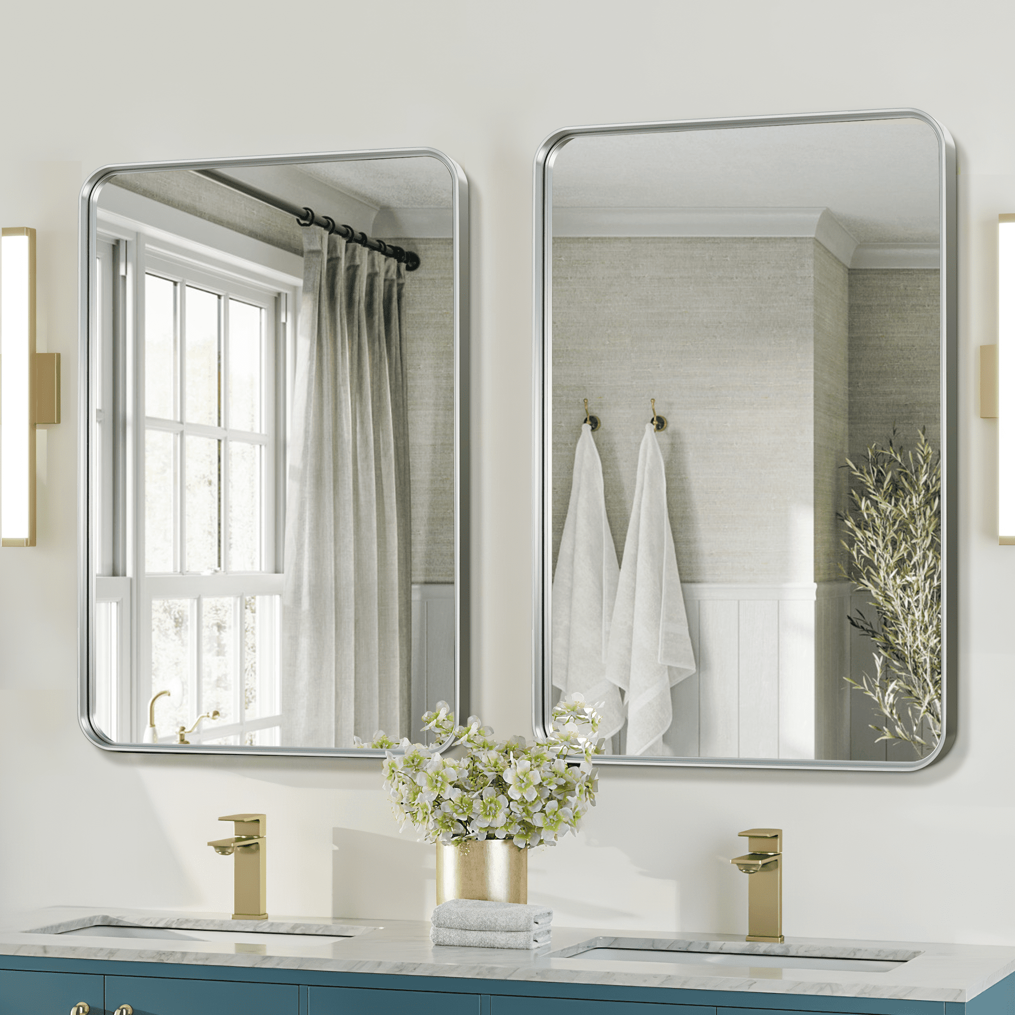 32" x 22" Silver Aluminum Alloy Rounded Corner Rectangular Bathroom Mirror