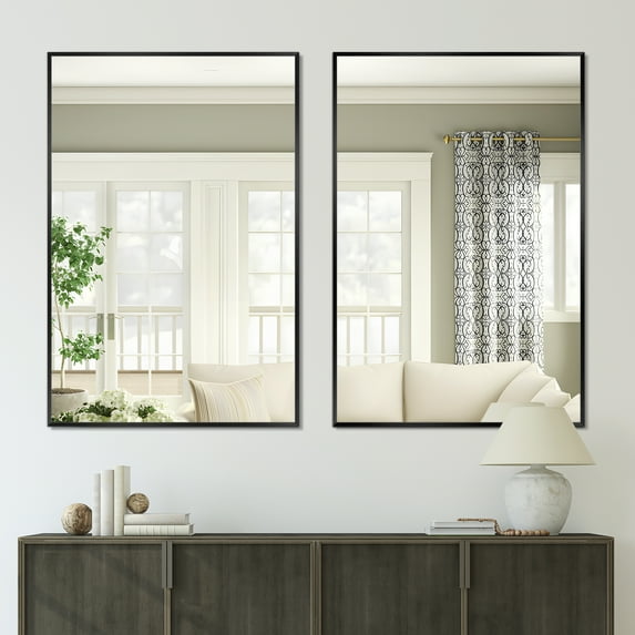 38"x26" Rectangle Wall Mounted Mirror Aluminum Framed Mirror,Black Set of 2