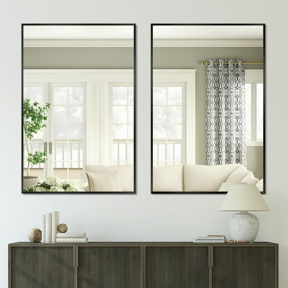 38"x26" Rectangle Wall Mounted Mirror Aluminum Framed Mirror,Black Set of 2