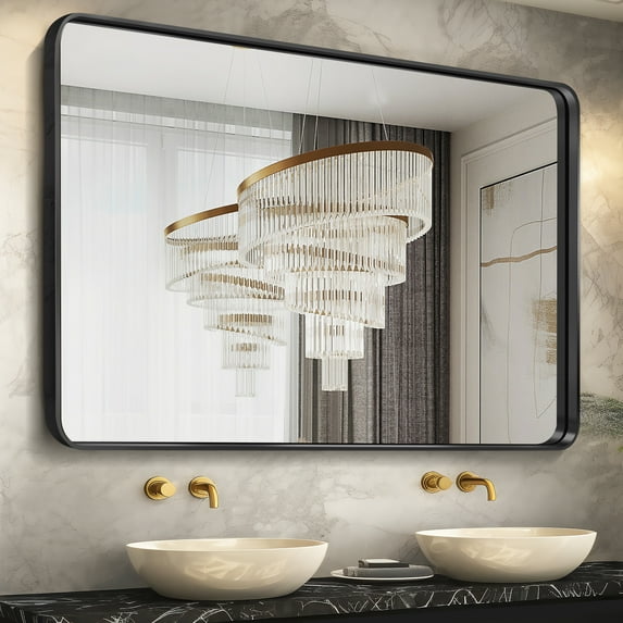 50"x32" Aluminum Alloy Wall Mount Rounded Corner Rectangular Mirror,Black