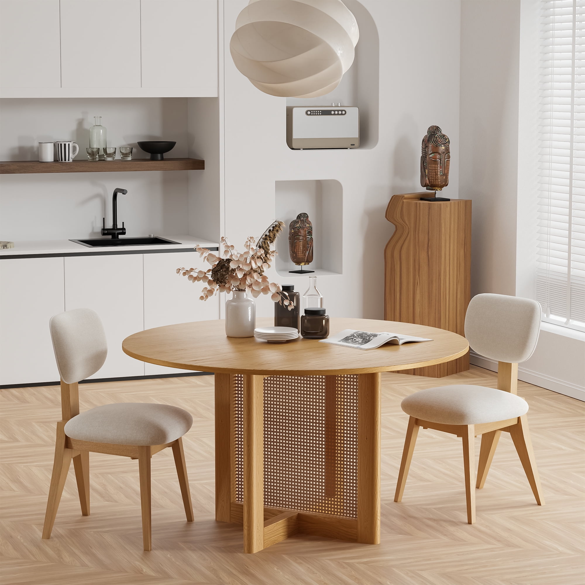 52" Round Dining Table Oak Wood Kitchen Table,Oak Color