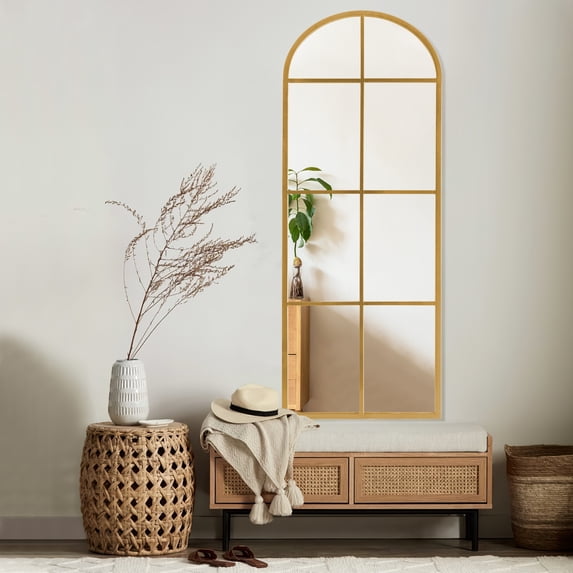 59"x20" Home Decorative Arched Iron Frame Window Mirror Wall Mounted Makeup Mirror,Gold