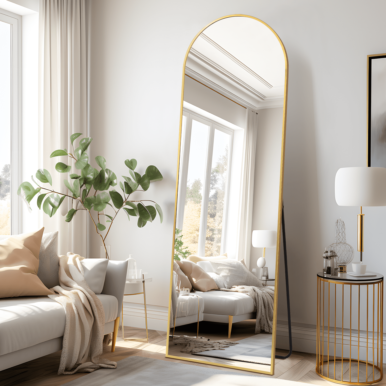 64"x21" Modern Arched Aluminum Alloy Frame Full Length Mirror Floor Mirror with Stand,Gold