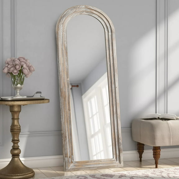64"x21" Wood Ladder Arched Floor Mirror Full Length Mirror,Weathered White