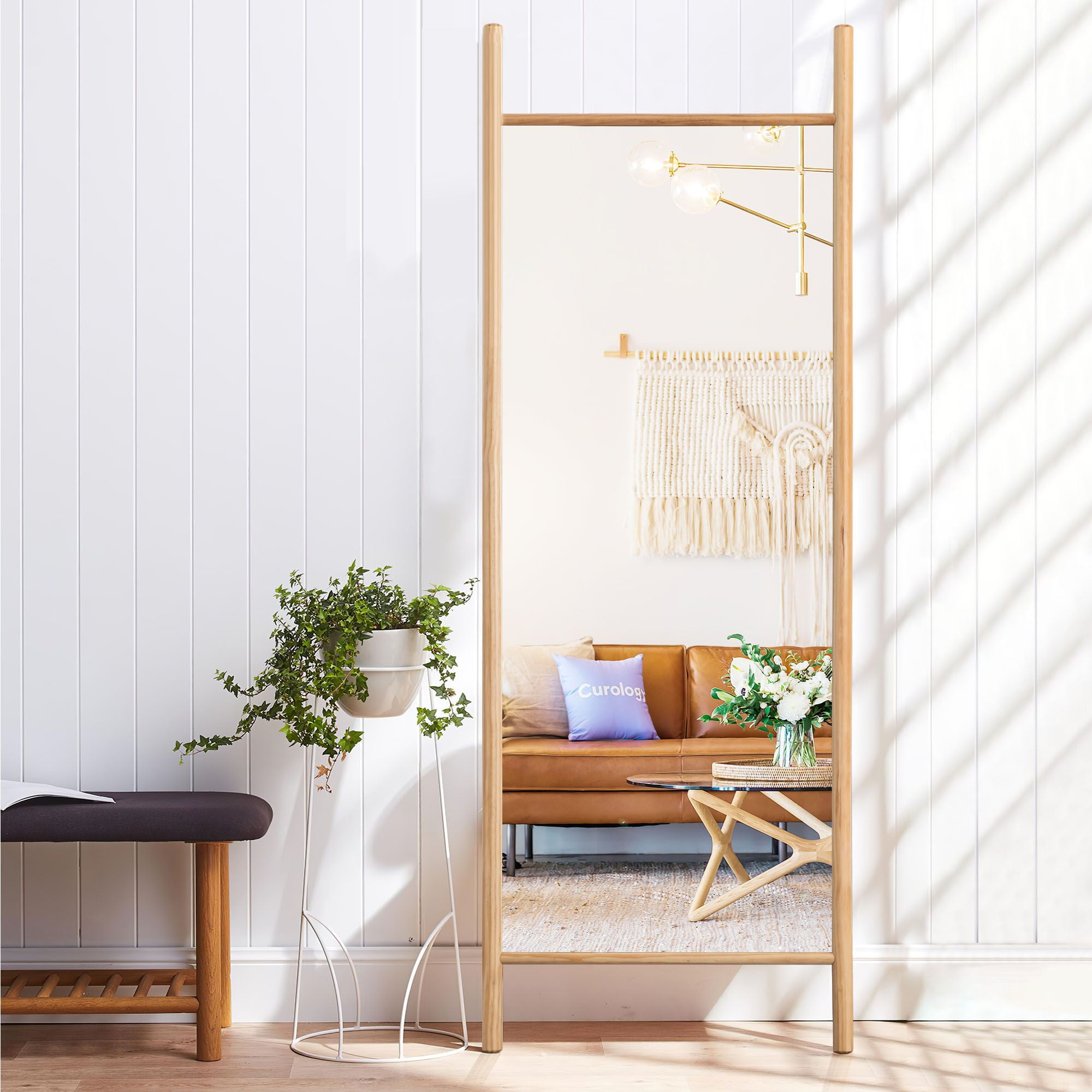 64"x21" Wood Ladder Floor Mirror Full Length Mirror,Natural Color