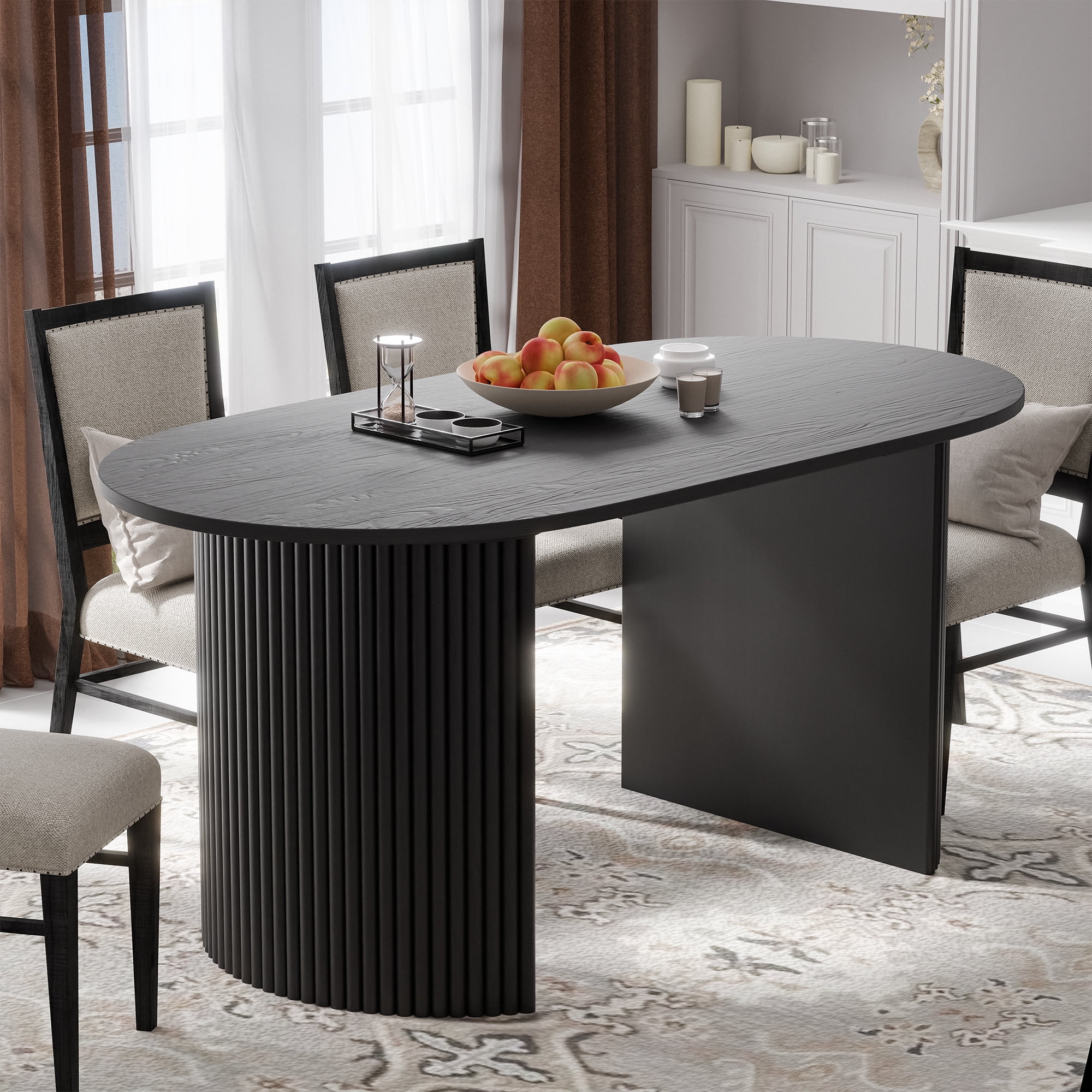 67"x33.5"x30" Modern Oak Wood Dining Table Large Oval Dining Room Tables,Black
