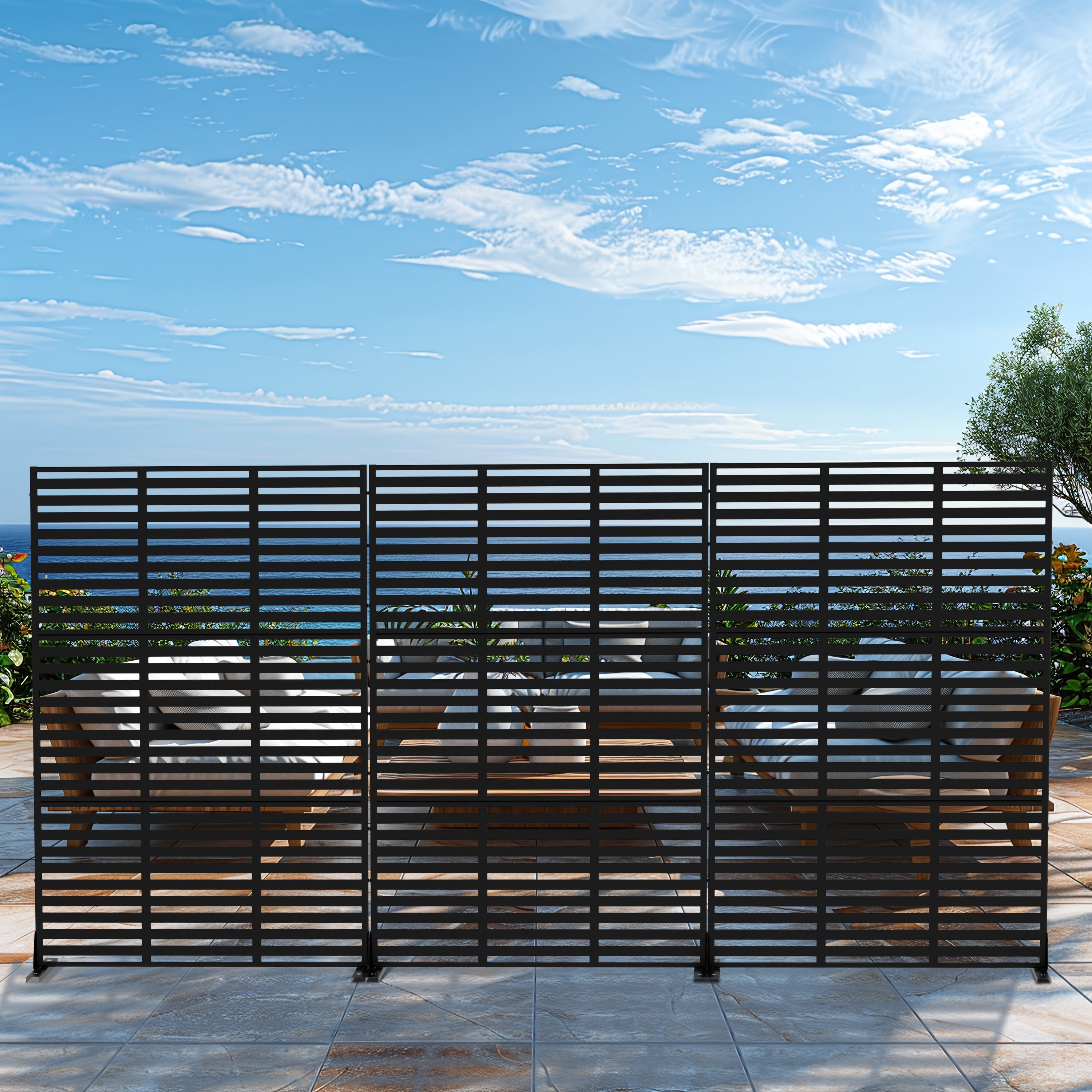 MAYEERTY 72"x47" Outdoor Privacy Screen with Stand Adams Metal Balcony Decorative Screen,Black