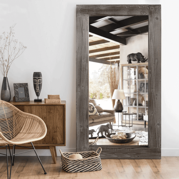 Modern Rectangle Solid Wood Wide Edge Full-length Mirror Body Mirror 71"x32" Charcoal Color