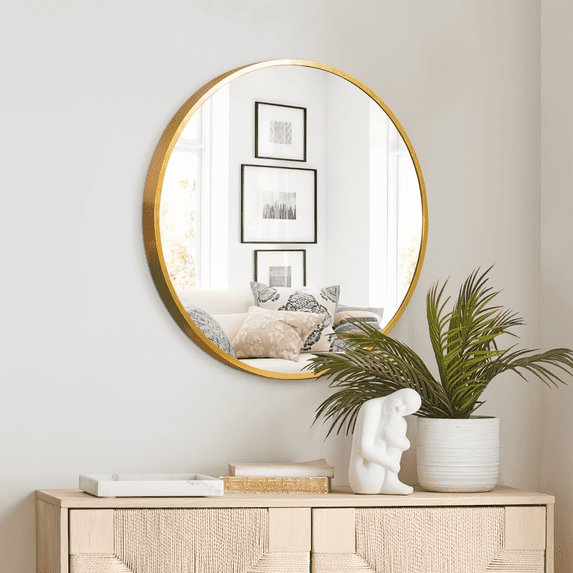 POSHIONS 16" Circle Round Wall Mounted Mirror Aluminum Alloy Framed Mirror,Gold