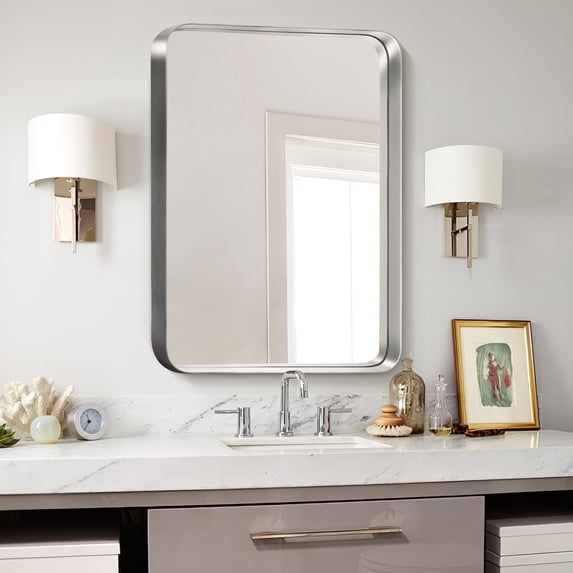 POSHIONS Bathroom Mirror Metal Framed Mirror Rectangle Wall Mounted Vanity Mirror,26"x 34" Sliver