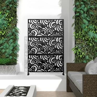 Neutypechic Decorative Privacy Screen Outdoor Divider with Stand Metal Corten Steel 75" x 48" x 16" Black