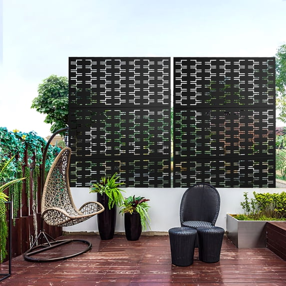 POSHIONS Decorative Privacy Screen Outdoor Divider with Stand Metal Corten Steel 76" x 47.2" x 15.7" Black