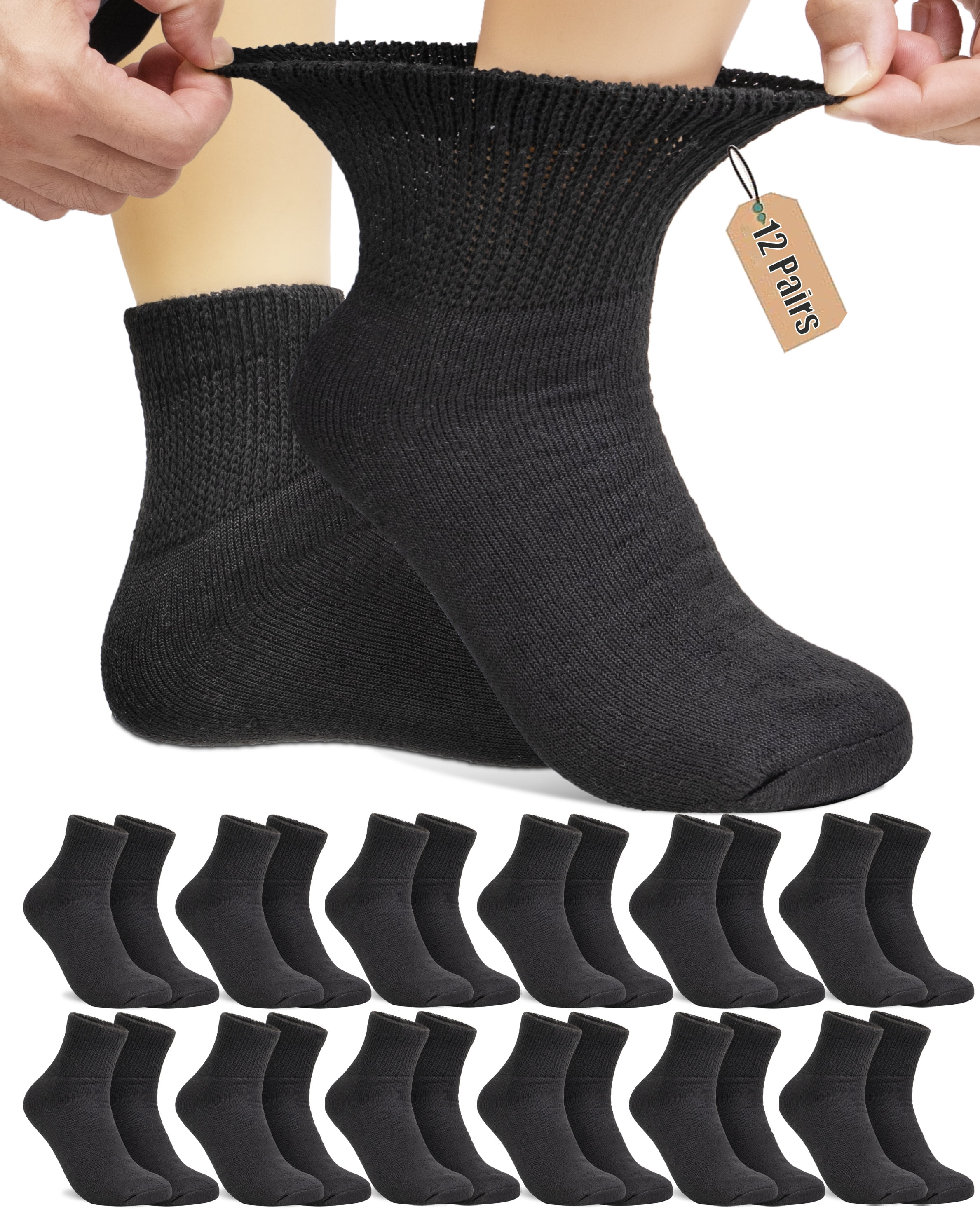 NevEND 12 Pairs Cotton Diabetic Socks Ankle for Men and Women - Non-Binding Extra Wide Neuropathy Socks Black X-Large