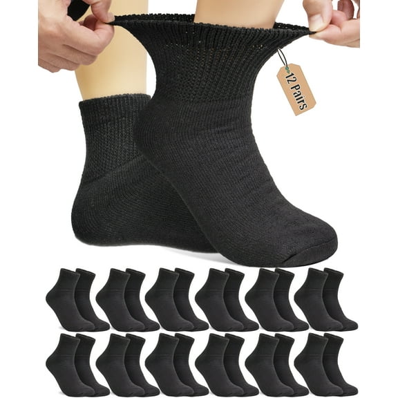 NevEND 12 Pairs Cotton Diabetic Socks Ankle for Men and Women - Non-Binding Extra Wide Neuropathy Socks Black X-Large