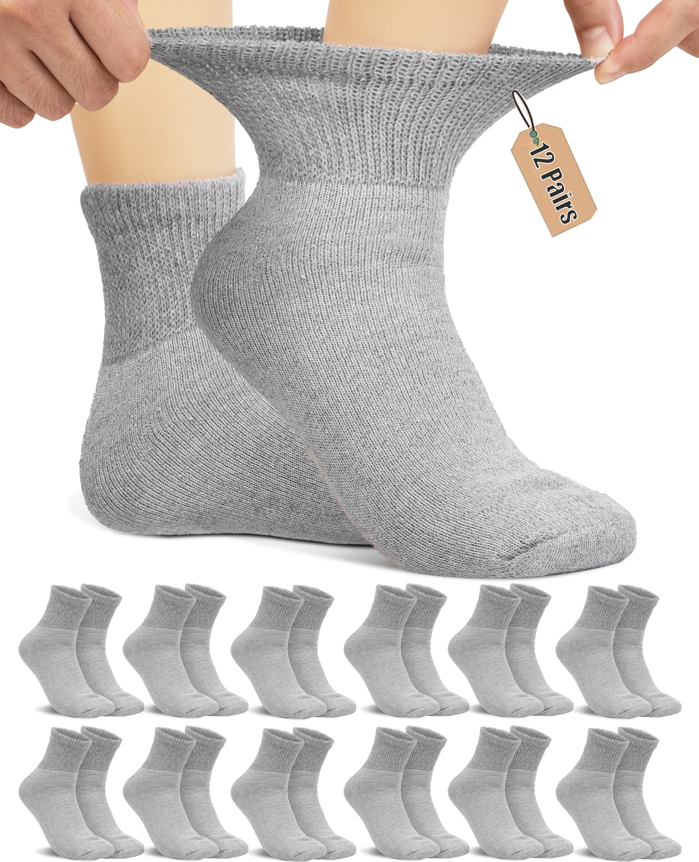NevEND 12 Pairs Cotton Diabetic Socks Ankle for Men and Women - Non-Binding Extra Wide Neuropathy Socks Grey Medium