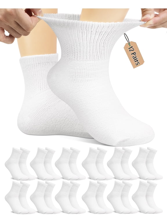 12 Pairs Cotton Diabetic Socks Ankle for Men and Women - Non-Binding Extra Wide Neuropathy Socks White Large