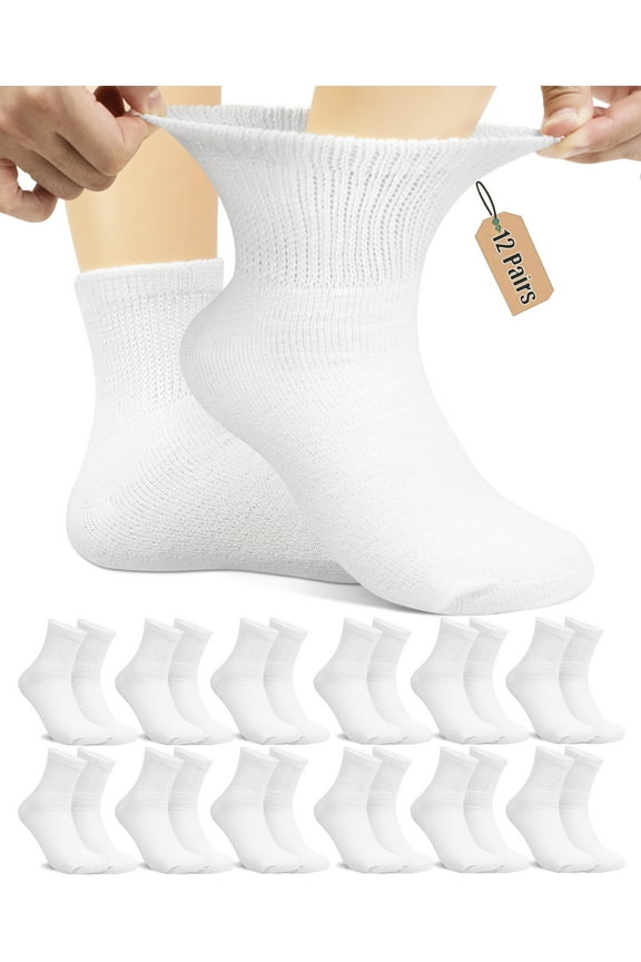 12 Pairs Cotton Diabetic Socks Ankle for Men and Women - Non-Binding Extra Wide Neuropathy Socks White Large
