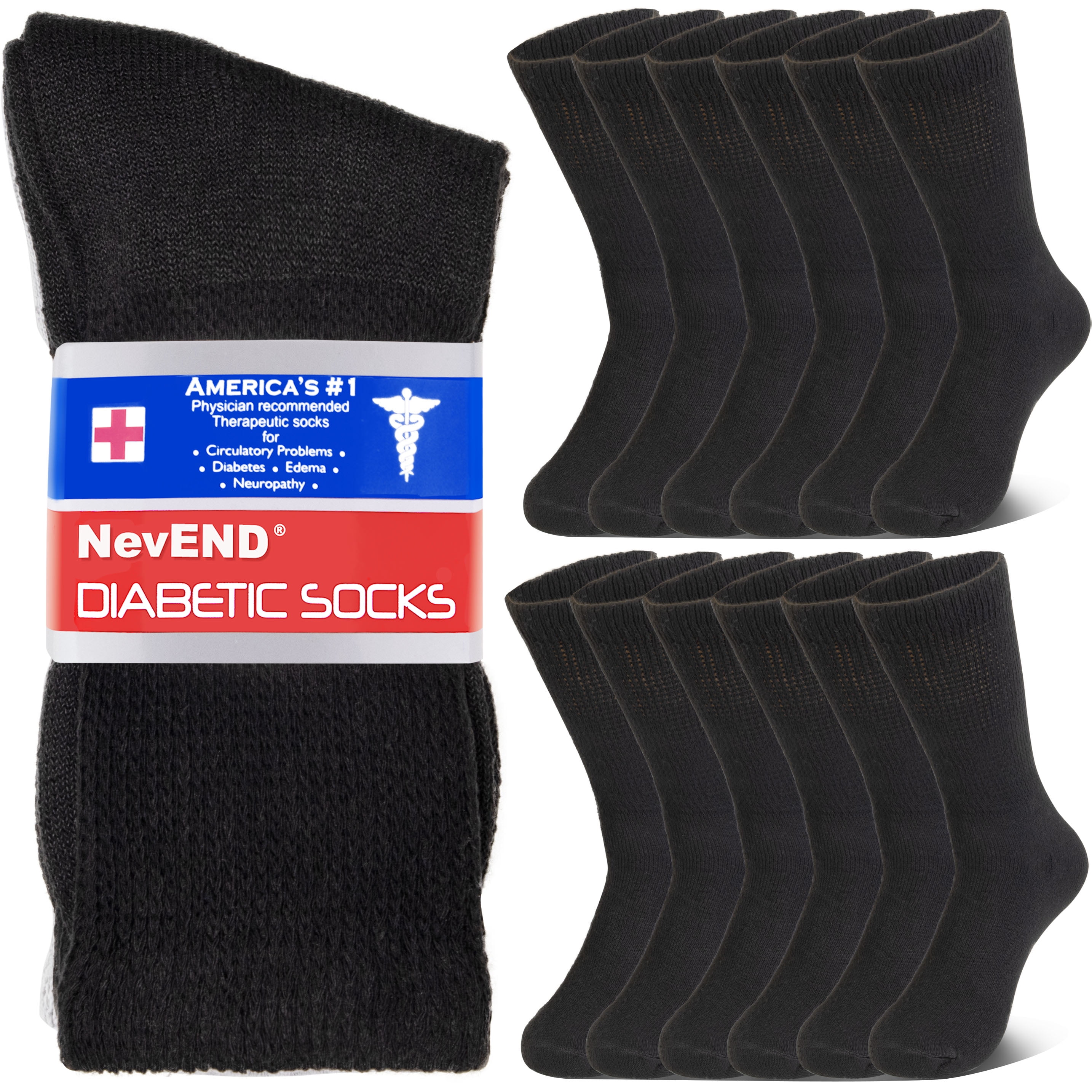 NevEND 12 Pairs Cotton Diabetic Socks Crew for Men and Women Non