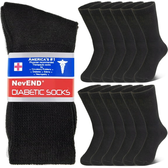 NevEND 12 Pairs Cotton Diabetic Socks Crew for Men and Women - Non-Binding Extra Wide Neuropathy Socks Black Large