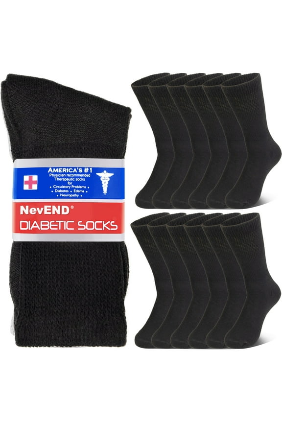 12 Pairs Cotton Diabetic Socks Crew for Men and Women - Non-Binding Extra Wide Neuropathy Socks Black Medium