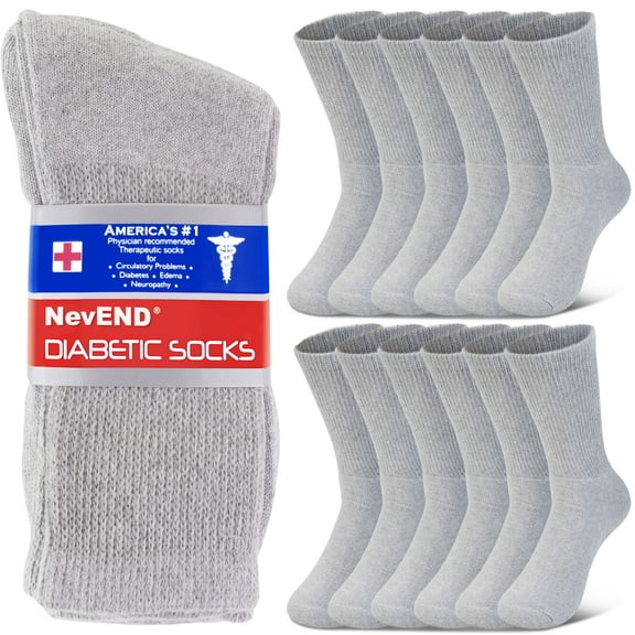 NevEND 12 Pairs Cotton Diabetic Socks Crew for Men and Women - Non-Binding Extra Wide Neuropathy Socks Grey X-Large