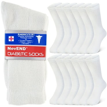 NevEND 12 Pairs Cotton Diabetic Socks Crew for Men and Women - Non-Binding Extra Wide Neuropathy Socks White Large