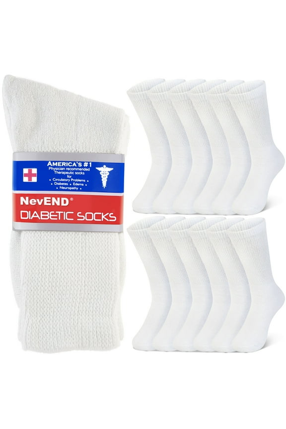 12 Pairs Cotton Diabetic Socks Crew for Men and Women - Non-Binding Extra Wide Neuropathy Socks White X-Large