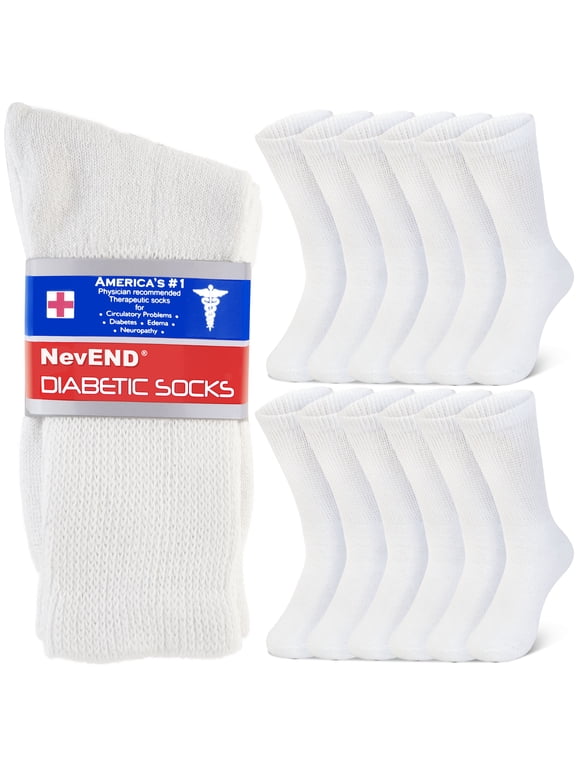 12 Pairs Cotton Diabetic Socks Crew for Men and Women - Non-Binding Extra Wide Neuropathy Socks White X-Large