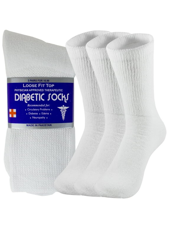 Diabetic Cotton Crew Socks (Men's & Women's) Non-Binding, White, (6 Pack)