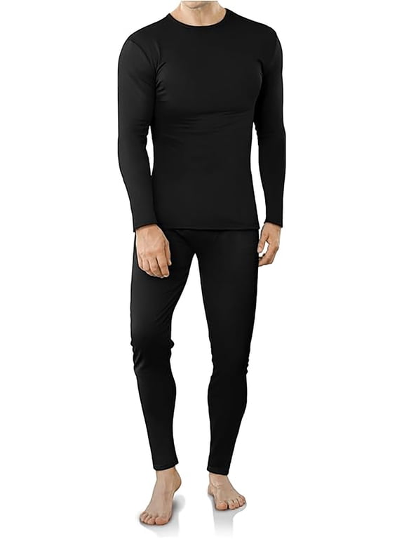 Long Johns Microfiber Soft Fleece Lined Thermal Underwear for Men Crewneck Set Winter Warm Base Layer Top & Bottom Black (S - 2XL)