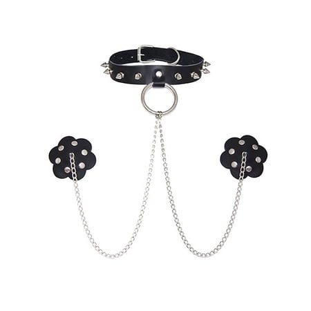 Neva Nude Burlesque Slave 4 U Chain Neck Choker Leather Reusable Silicone Pasties - Black O/S
