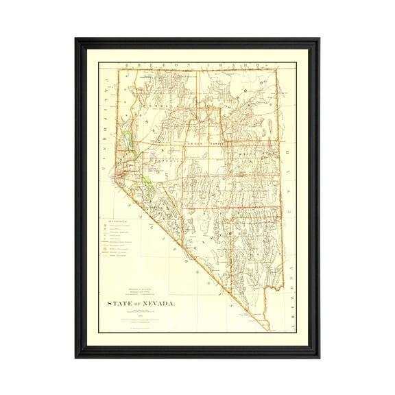 Nevada Art, 1876 Vintage Map of Nevada History Wall Decor Gift, Old Nevada Map - 18" x 24" Black Framed Print