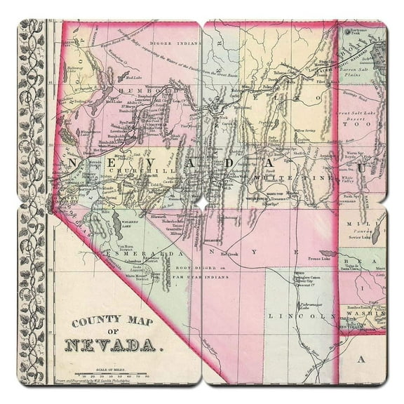 Torched Nevada Old World Map Coaster Drink Beer Coaster 4"x4" Multicolor