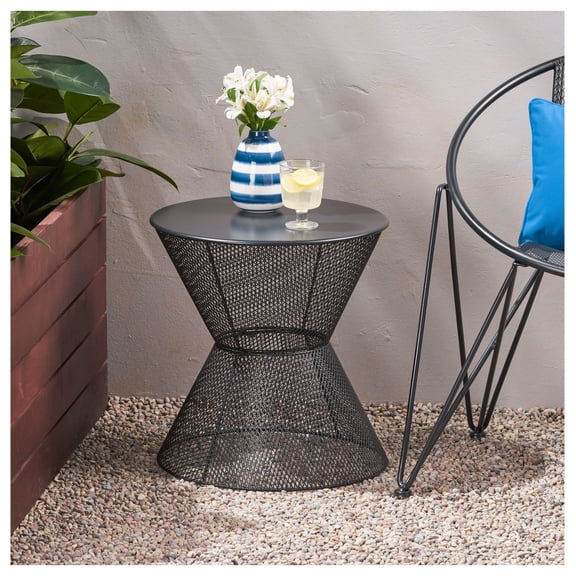 Nevada Side Table - Outdoor Patio End Table, Hourglass Shape Iron Frame, Breezy Mesh Design, Modern & Eclectic Decor, Durable Garden Furniture Matte Black + Iron