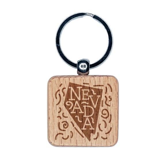 Nevada State with Text Swirls Square Keychain Charm Tag - Engraved Wood