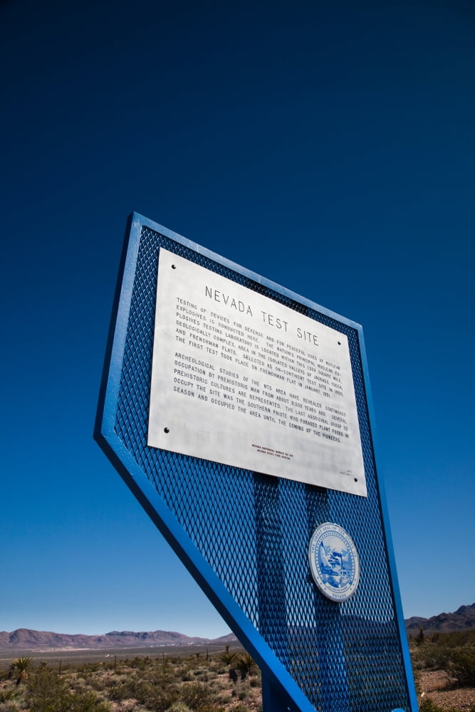 Nevada Test Site sign at the Site of mid-twentieth century US nuclear weapons tests Mercury Great Basin Nevada USA Canvas Art - Panoramic Images (27 x 9)