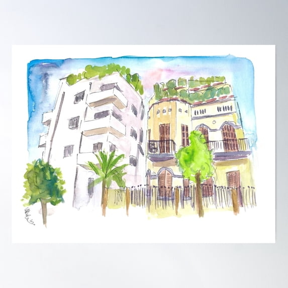 Neve Tzedek Tel Aviv Old Houses And Bauhaus Street Poster Wall Art, Modern Wall Decor For Living Room Bedroom, 8x12 UNFRAMED