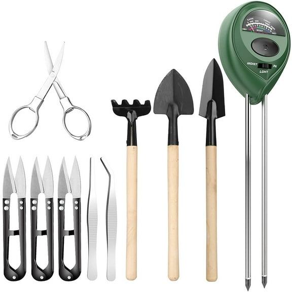 NeveLance 9 Pcs Bonsai Tools with Soil Moisture Meter, 3-in-1 Moisture Sensor/Sunlight/Ph, Include Pruner, Folding Scissors, Mini Rake, Bud & Leaf Trimmer Set