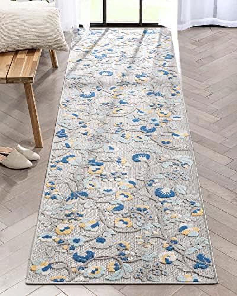 Neveh Grey Floral Indoor/Outdoor HighLow Pile Runner 2'7" X 9'10