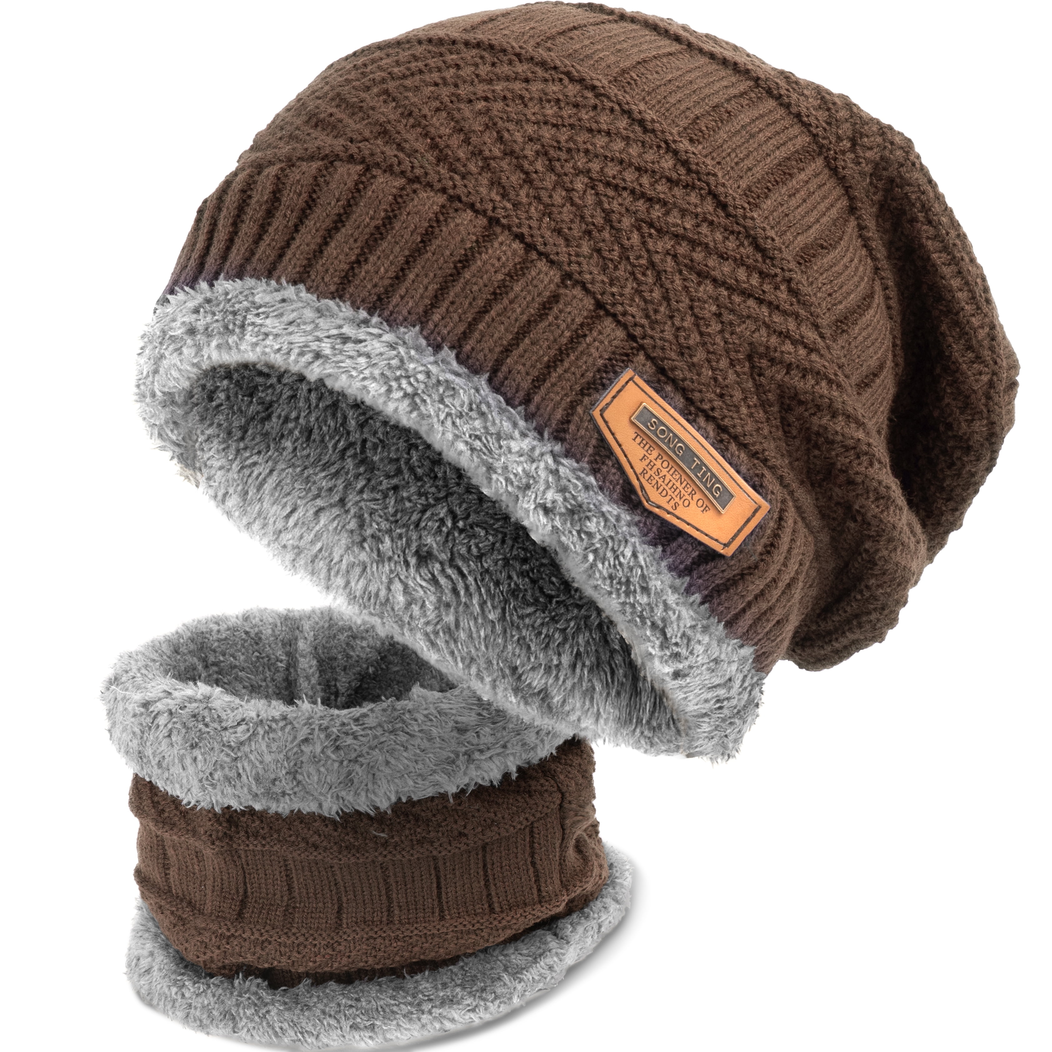 Women’s Brown Winter Fleece-Lined Chunky Knit Beanie Snow Hat Cap Women main image 3