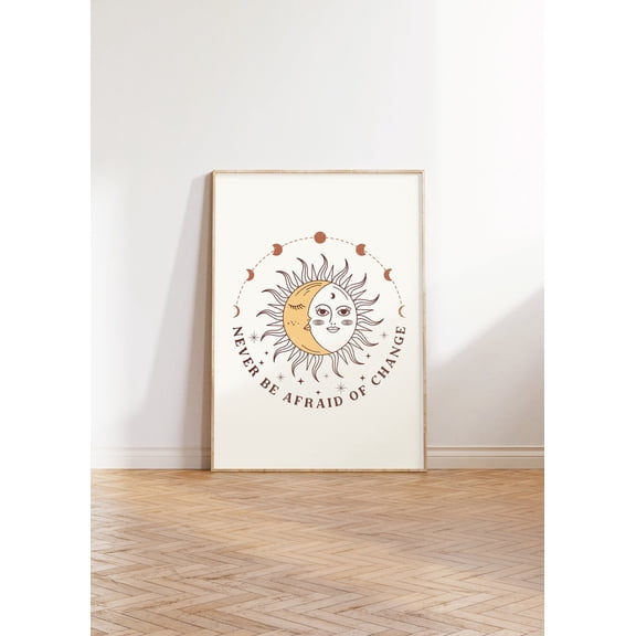 Never Be Afraid Of Change Poster, Inspirational Quote Poster, Mindful Poster, Spiritual Art Poster, Moon Phase Poster, Boho Sun And Moon Poster, Unframed Poster Size 12x18