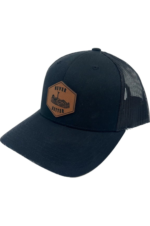 Never Better Skeleton Coffin Shaka Hat Mesh Trucker Snapback Hat Leather Patch Hat (Black)