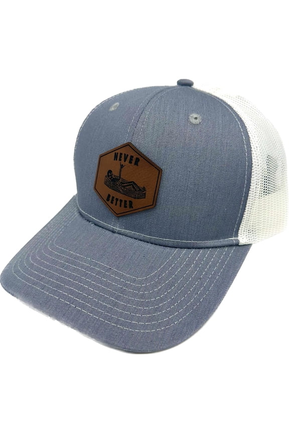 Never Better Skeleton Coffin Shaka Hat Mesh Trucker Snapback Hat Leather Patch Hat (Heather Grey/White)