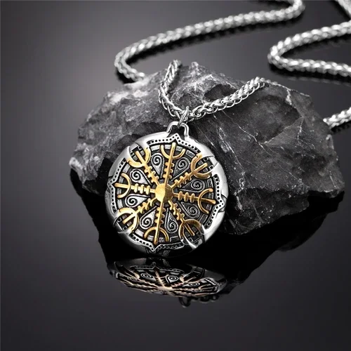 Never Fade Norse Compass Gold Color Necklace Men Vikings Runes 14K Yellow Gold Trident Vegvisir Amulet Pendant Icelandic Jewelry