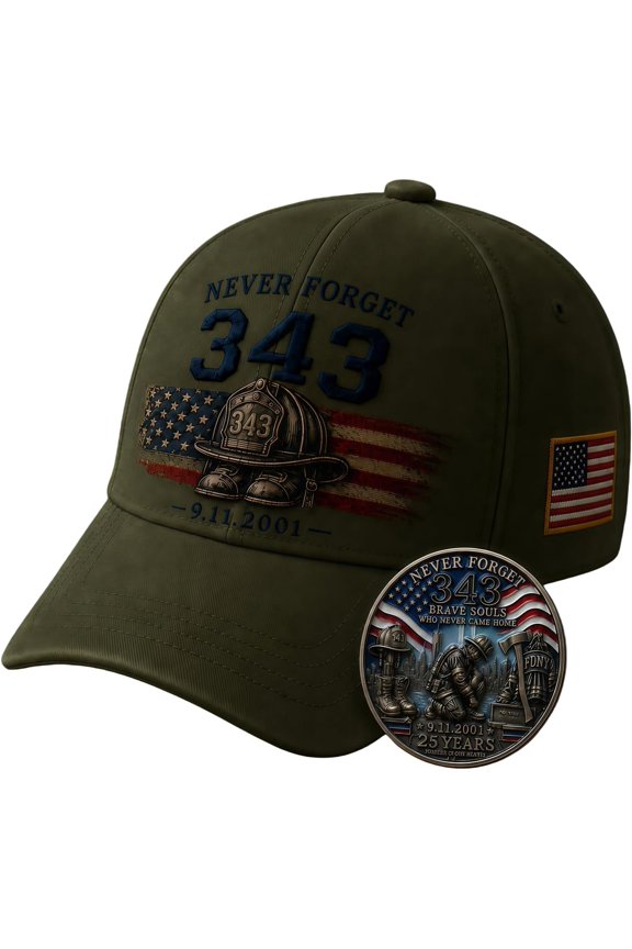 Never Forget 343 Memorial Cap, 9/11 Firefighter Tribute Baseball Hat Get the Matching Tribute Coin Honor Gift for Men & Women