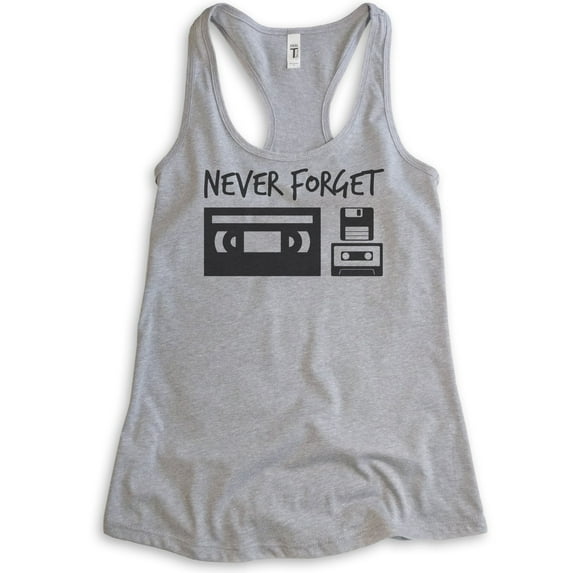 Never Forget 80s Technology Tank Top, Ladies Racerback Tank Top, 80s Nostalgia Tank, VHS Cassette Tape Tank, Heather Gray, Large
