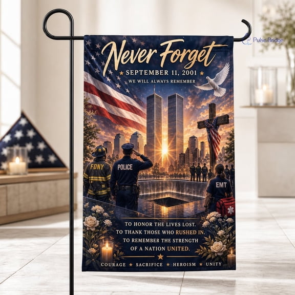 Never Forget 9/11 Garden Flag, September 11 Memorial Flag, Patriotic USA Tribute Decor, First Responder Flag, FDNY Police EMT Honor Flag